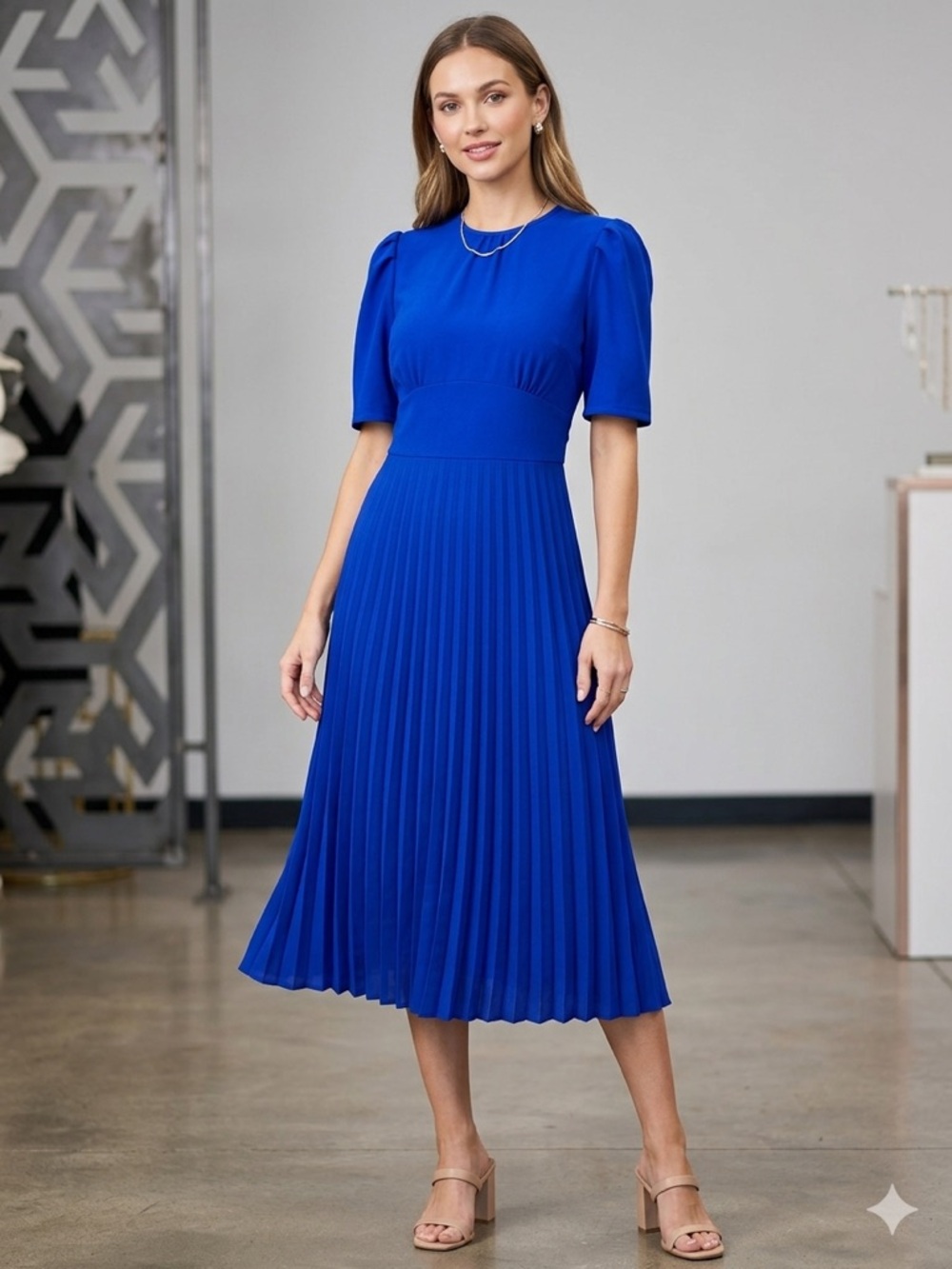 Elegant Royal Blue Pleated Midi Dress